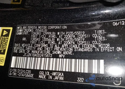 2013 Lexus Rx 350 from USA, damaged, VIN JTJZK1BA0D2415873